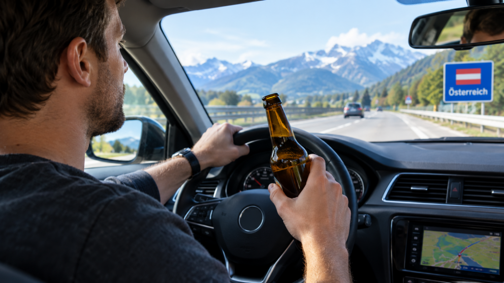Promillegrenze Österreich: Diese Regeln gelten für Autofahrer 2 Alpenfahrt mit Bierflasche am Steuer, Promillegrenze in Östereich und in der Schweiz