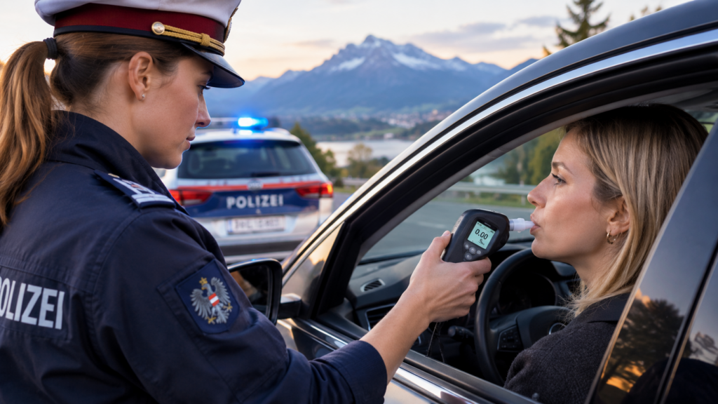 Promillegrenze Österreich: Diese Regeln gelten für Autofahrer 1 Oesterreichische Atemalkoholkontrolle vor Alpenkulisse