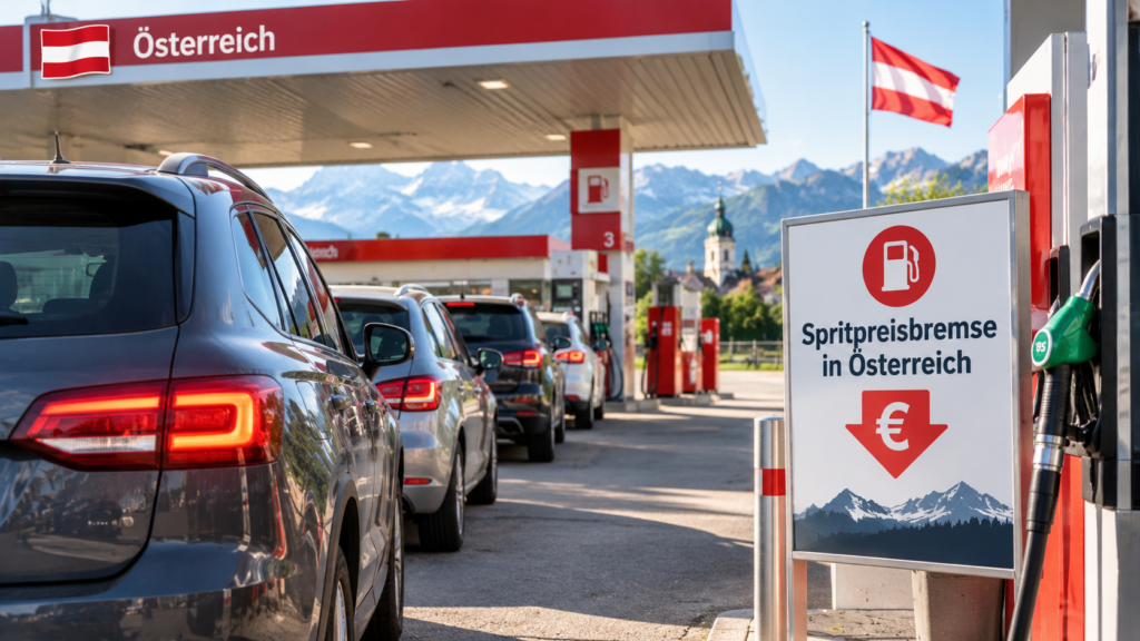 Spritpreisbremse in Österreich: So viel kostet Tanken jetzt 1 Österreichische Tankstelle vor Alpenkulisse, Spritpreisbremse in Österreich